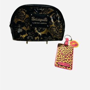 Betsey Johnson Black & Gold Lace Cosmetic Bag with Yellow Leopard Luggage Tag